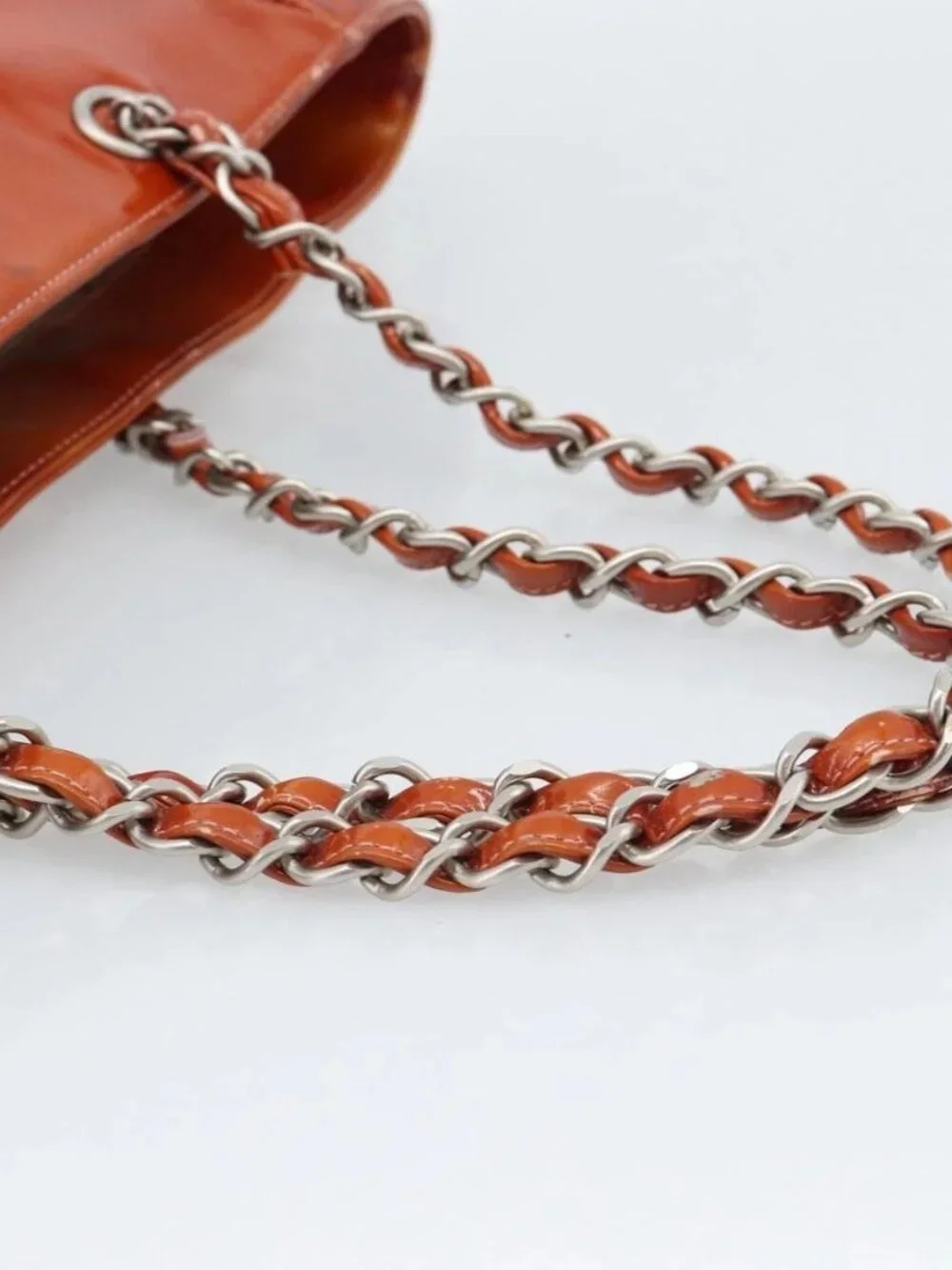CHANEL Triple Coco Chain Tote Bag Patent leather Orange Silver CC Auth bs18659